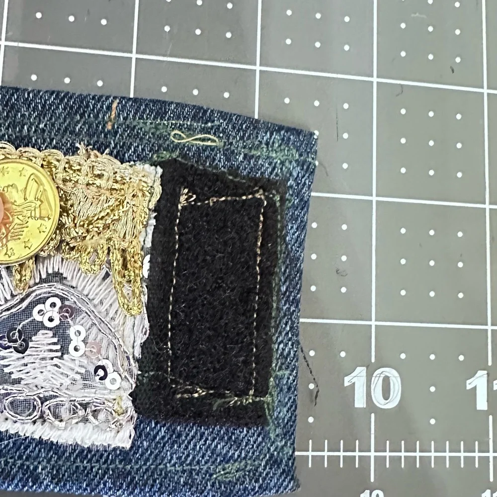 OOAK Upcycled Denim Gold Coin Charm Sequins Cuff Bracelet Boho Lined Signed - Picture 3 of 12